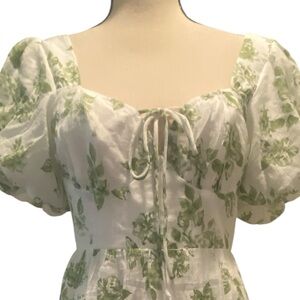 Womens Cottagecore Feminine Summer Dress puff sleeve green white new large